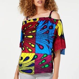 Handmade African Floral Cold Shoulder Top O/S